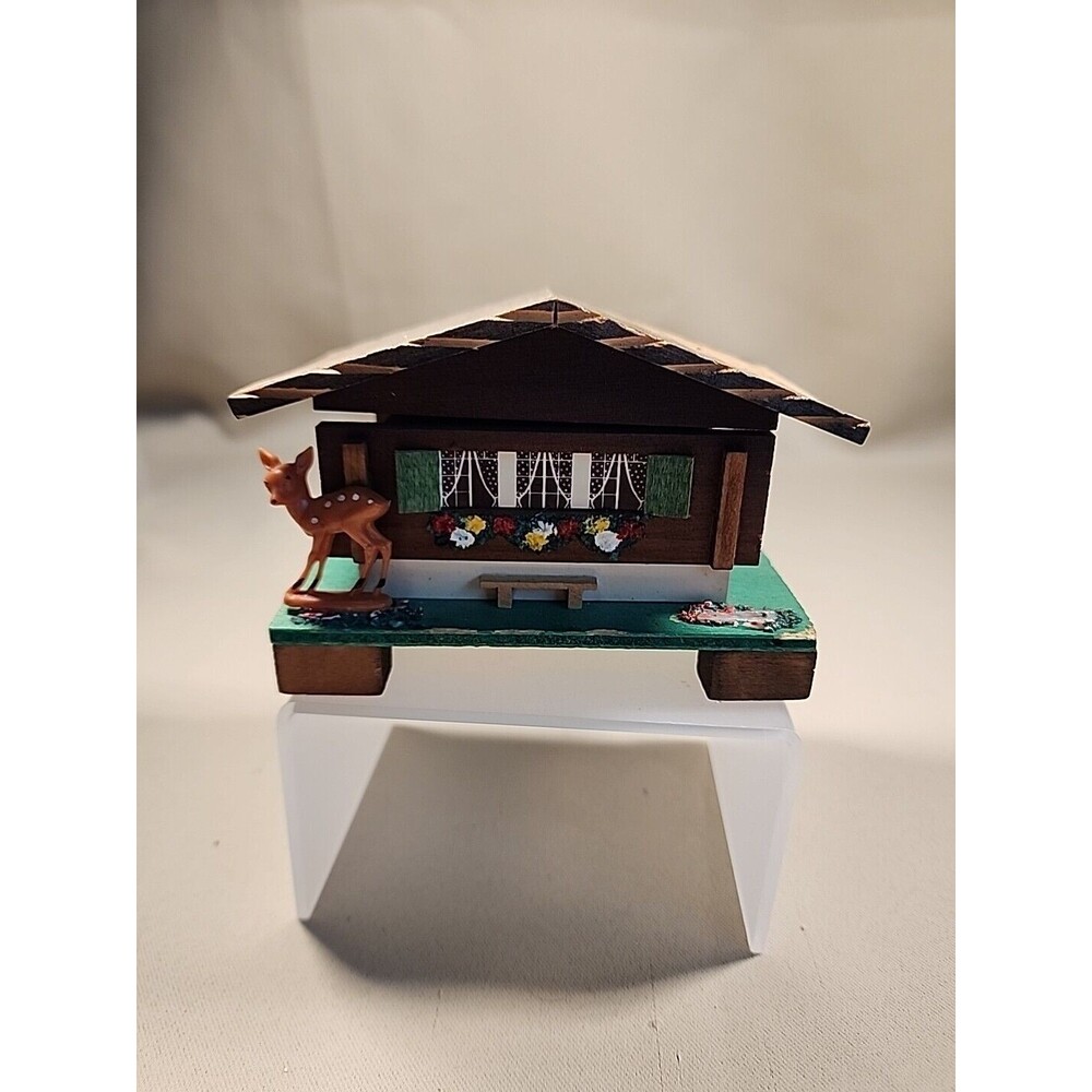 Swiss wood house windup music trinket box working "Edelweiss" Switzerland 072422